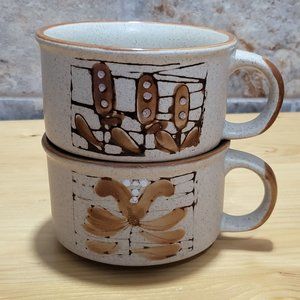VTG Coffee Soup Mugs Floral Tan Brown Stoneware Set of 2